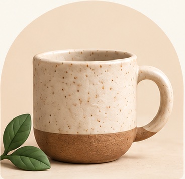 A speckled cream mug with an unglazed terracotta base