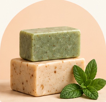 A bar of garden mint soap resting on a bar of oat and honey soap, beside fresh mint