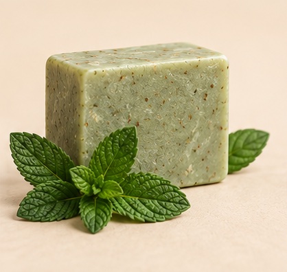 A soft green bar of mint soap beside fresh mint leaves