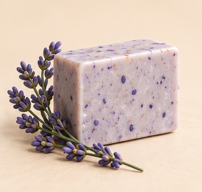 A lilac bar of soap flecked with dried lavender, beside a sprig of lavender